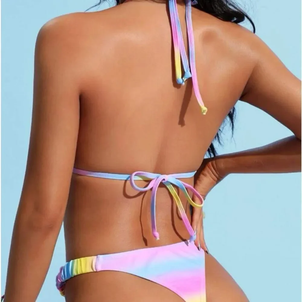 Kawaii Pastel Goth Rainbow Ombre Halter Swimsuit Bikini